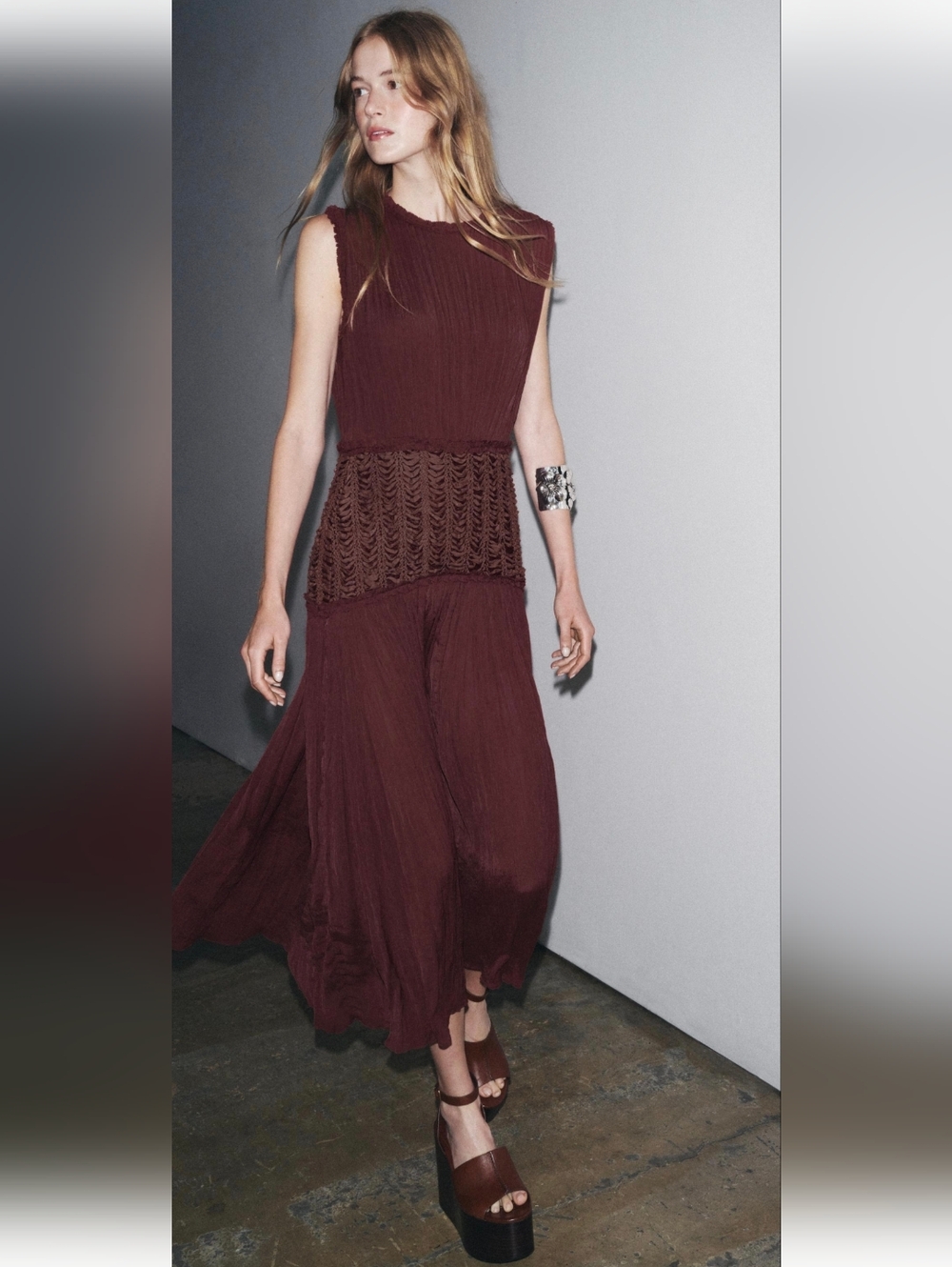Zara ZW Collection Brown Embroidered Waist Dress Size L